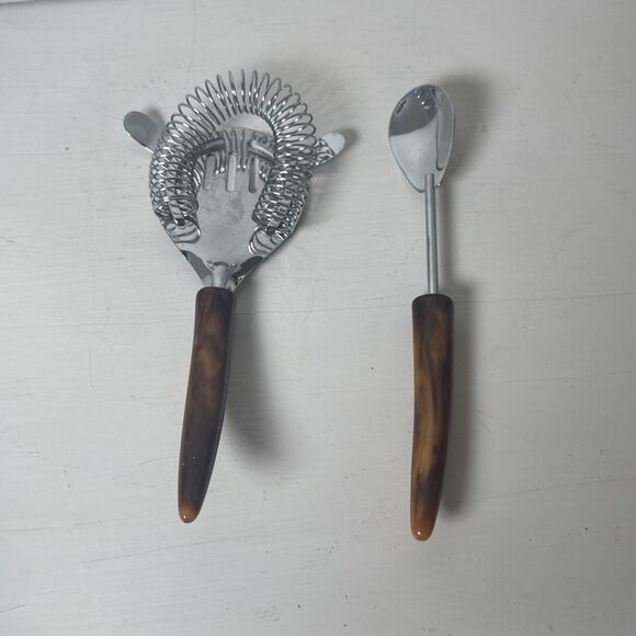MCM Parker Gaines Stainless Cocktail Strainer & Spoon w/ Marbled Bakelite Handle - Picture 1 of 8